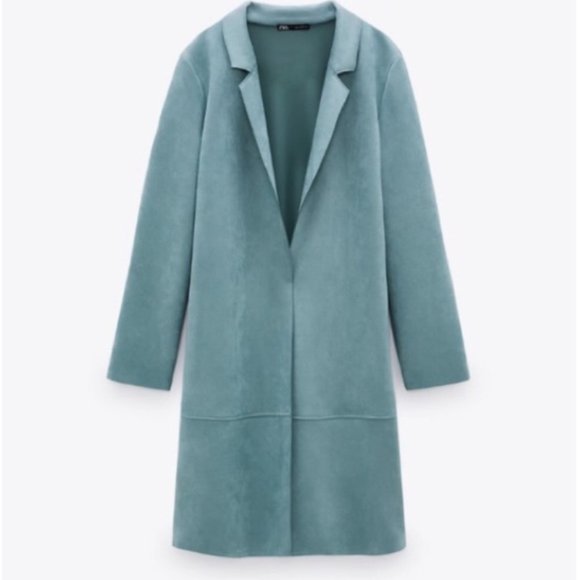 [SOLD] Zara Open Front Duster Jacket Faux Suede Blazer Trench Coat Pastel Blue - Picture 16 of 16